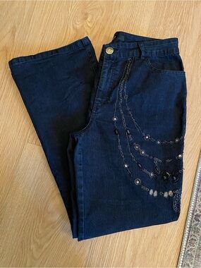 Simon Chang Black Embellished Straight Leg Jeans Boho Chic Size 8